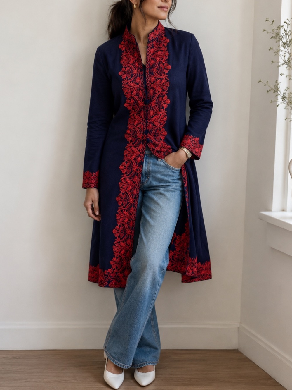 Wool embroidered mandarin coat
